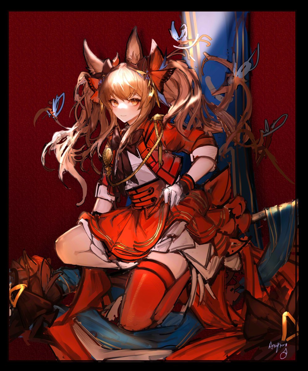 1girl, amayouri, angelina_(arknights), animal_ear_fluff, animal_ears, arknights, banner, black_border