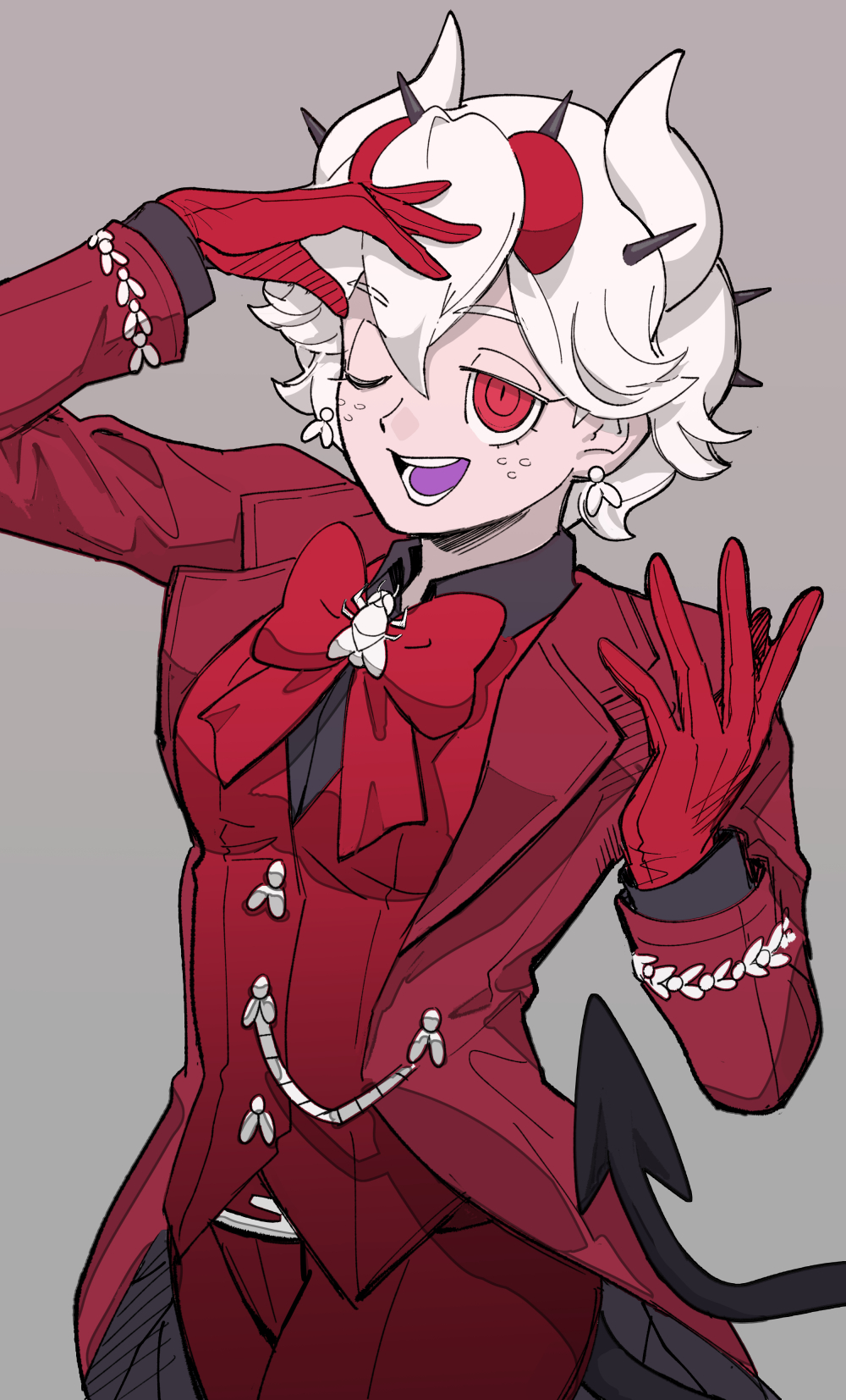 1girl, beelzebub_(helltaker), bow, breasts, cowboy_shot, demon_girl, demon_horns, demon_tail, earrings, formal_clothes, freckles, gloves, gradient_background, grey_background, hair_between_eyes, hand_on_forehead, hands_up, helltaker, highres, hjoe8, horns, jewelry, looking_at_viewer, one_eye_closed, open_mouth, pants, red_bow, red_eyes, red_gloves, red_pants, red_vest, shirt, short_hair, smile, suit, tail, vest, white_hair, white_horns