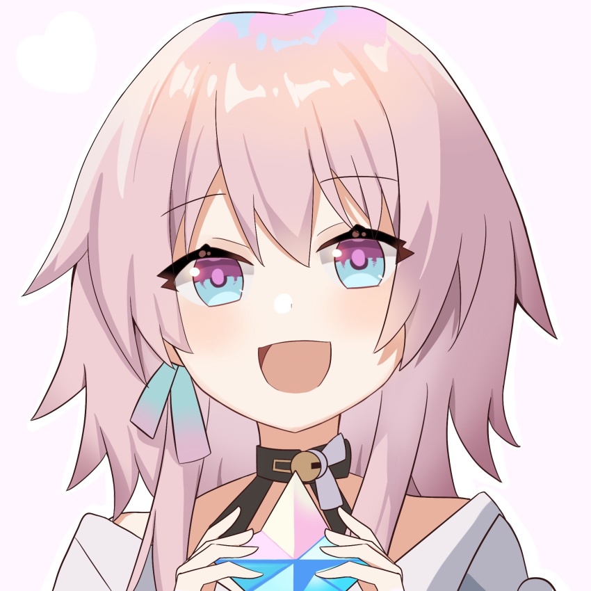 1girl, abby_riddle, blue_eyes, blush, genshin_impact, hair_between_eyes, heart, highres, honkai:_star_rail, honkai_(series), long_hair, looking_at_viewer, march_7th_(honkai:_star_rail), march_7th_(preservation)_(honkai:_star_rail), mihoyo, multicolored_eyes, open_mouth, pink_background, pink_hair, primogem, purple_eyes, solo
