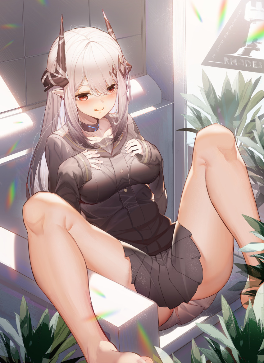 1girl, :q, absurdres, alternate_costume, arknights, bare_legs, barefoot, black_sailor_collar