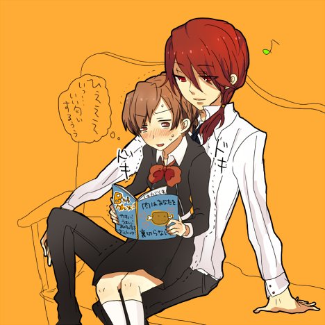 1boy, 1girl, atlus, bad_id, bad_pixiv_id, blush, book, bow, brown_hair, couple, genderswap, genderswap_(ftm), hair_ornament, hairclip, hetero, kirijou_mitsuru, lowres, persona, persona_3, persona_3_portable, red_eyes, red_hair, school_uniform, shigure_wasa, shiomi_kotone, short_hair, skirt, ws_(pixiv)