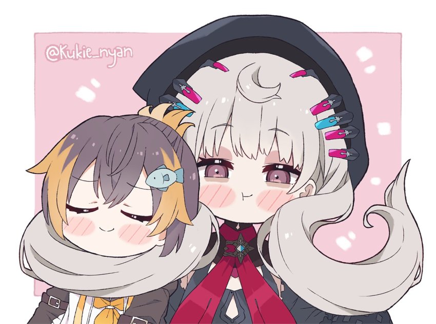 2girls, beret, black_headwear, black_hoodie, blush, closed_eyes, fish_hair_ornament, hair_ornament