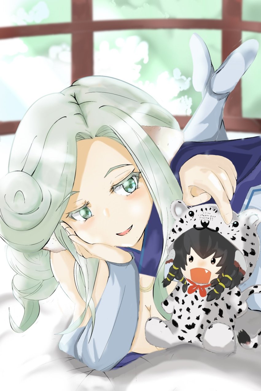 2girls, animal_ears, anju_(utawarerumono), aqua_eyes, aquaplus, bed_sheet, black_hair, blue_hair, blue_sky, blush, breasts, cleavage, cloud, cloudy_sky, curly_hair, eyelashes, fang, gradient_eyes, hand_on_own_cheek, hand_on_own_face, highres, large_breasts, legs_up, long_hair, looking_at_another, lying, multicolored_eyes, multiple_girls, munechika, musyokusunege, on_stomach, open_mouth, sidelocks, sky, tail, utawarerumono, utawarerumono:_itsuwari_no_kamen