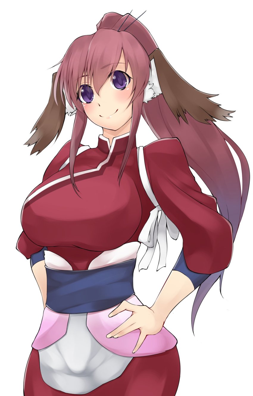 1girl, animal_ears, aquaplus, blush, breasts, closed_mouth, collared_dress, cowboy_shot, dress, eyes_visible_through_hair, gradient_hair, hair_between_eyes, hair_ornament, hands_on_own_hips, high_ponytail, highres, large_breasts, long_hair, looking_at_viewer, multicolored_hair, oh_dun_dun, ponytail, purple_eyes, purple_hair, raised_eyebrows, sidelocks, smile, solo, standing, touka_(utawarerumono), utawarerumono, utawarerumono:_itsuwari_no_kamen, very_long_hair