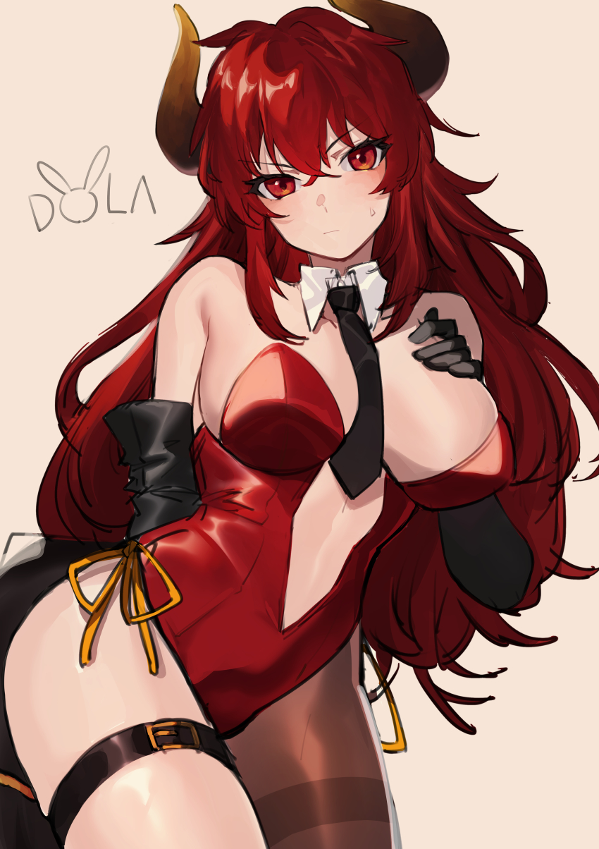 1girl, absurdres, arm_behind_back, bare_shoulders, between_breasts, black_gloves, black_necktie, blush