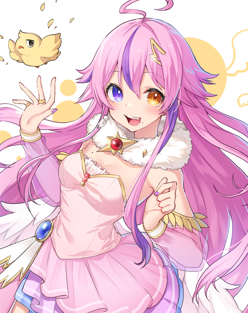 1girl, ahoge, asahi_nano, bird, breasts, cleavage, commission, detached_sleeves, dress, fur_scarf, heterochromia, indie_virtual_youtuber, kgr, long_hair, looking_to_the_side, medium_breasts, mole, mole_on_breast, mole_under_mouth, nail_polish, open_hand, orange_eyes, pink_dress, purple_eyes, purple_nails, see-through_clothes, see-through_sleeves, skeb_commission, smile, solo, very_long_hair, virtual_youtuber