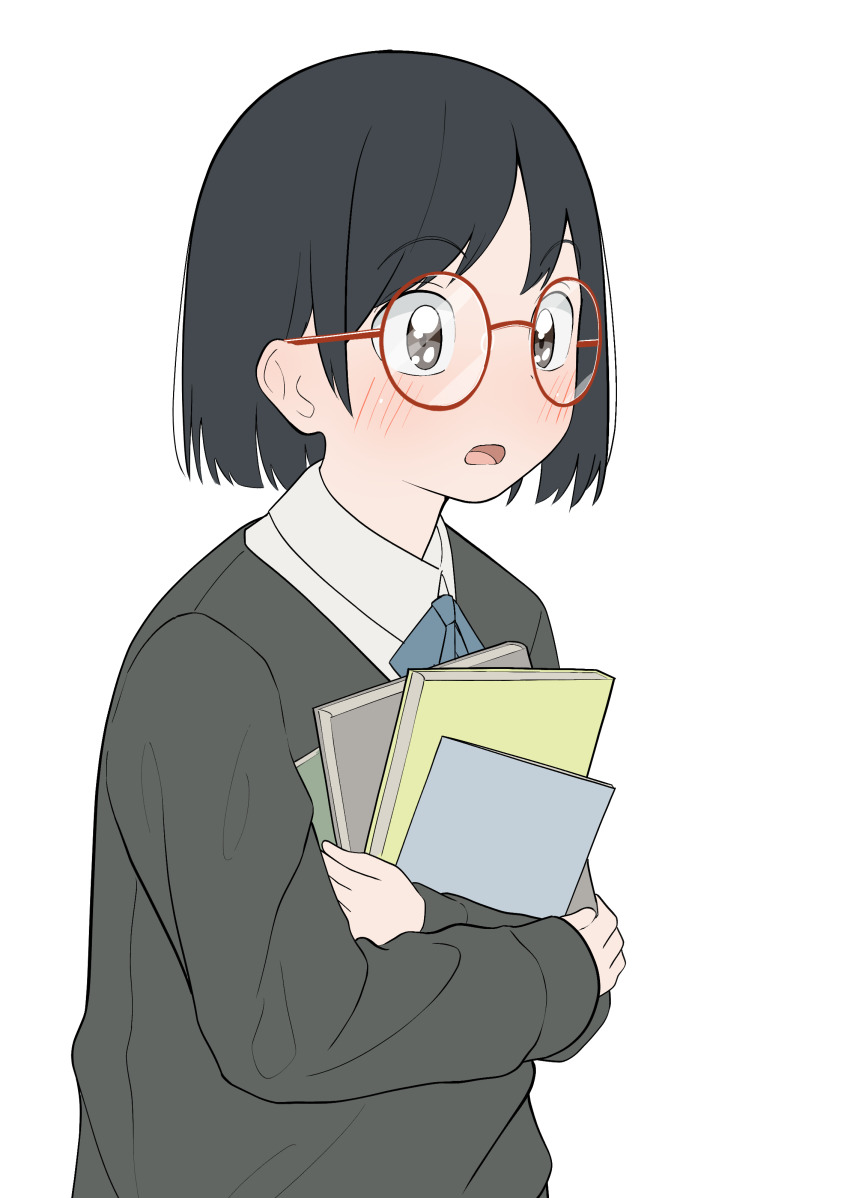 1girl, absurdres, black_hair, blue_neckwear, blush, book, female_focus, glasses