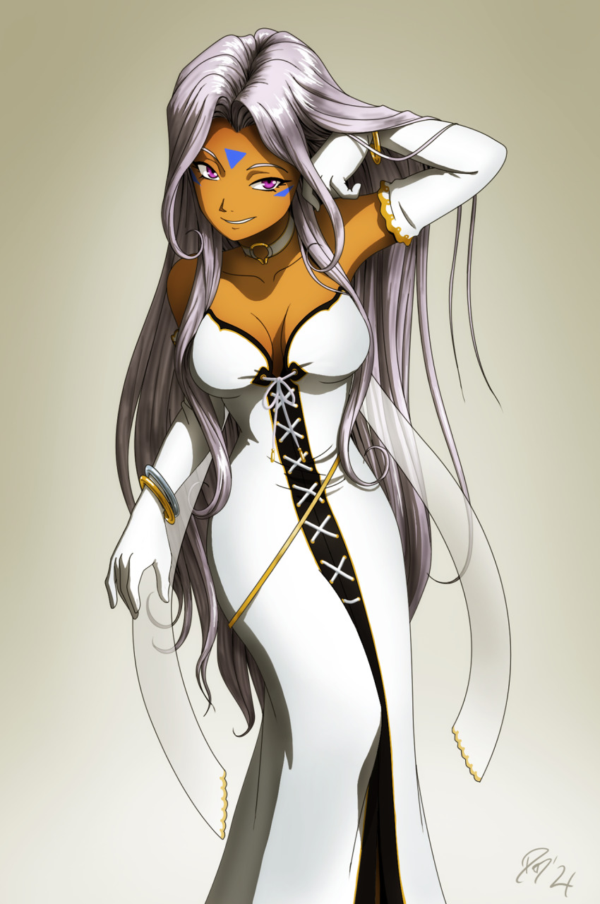 1girl, aa_megami-sama, armpits, bracelet, breasts, choker, cleavage, collarbone, dark-skinned_female, dark_skin, dress, east_coast_canuck, elbow_gloves, facial_mark, gloves, highres, jewelry, large_breasts, long_hair, o-ring, o-ring_choker, purple_eyes, signature, solo, urd_(aa_megami-sama), white_dress, white_hair