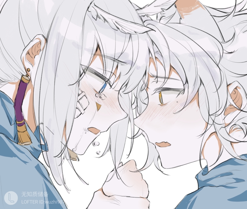 2boys, arm_grab, bandaid, bandaid_on_cheek, bandaid_on_face, blue_eyes, blush, bowing_medalist, couple, crying, earrings, face-to-face, from_side, highres, holding_hands, jewelry, looking_at_another, mimizuku_(sky:_children_of_the_light), mole, multiple_boys, open_mouth, sky:_children_of_the_light, tassel, tassel_earrings, yaoi, yellow_eyes