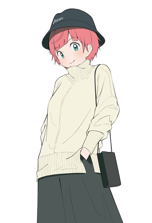 1girl, aqua_eyes, bag, black_skirt, blush, female_focus, handbag, hands_in_pockets