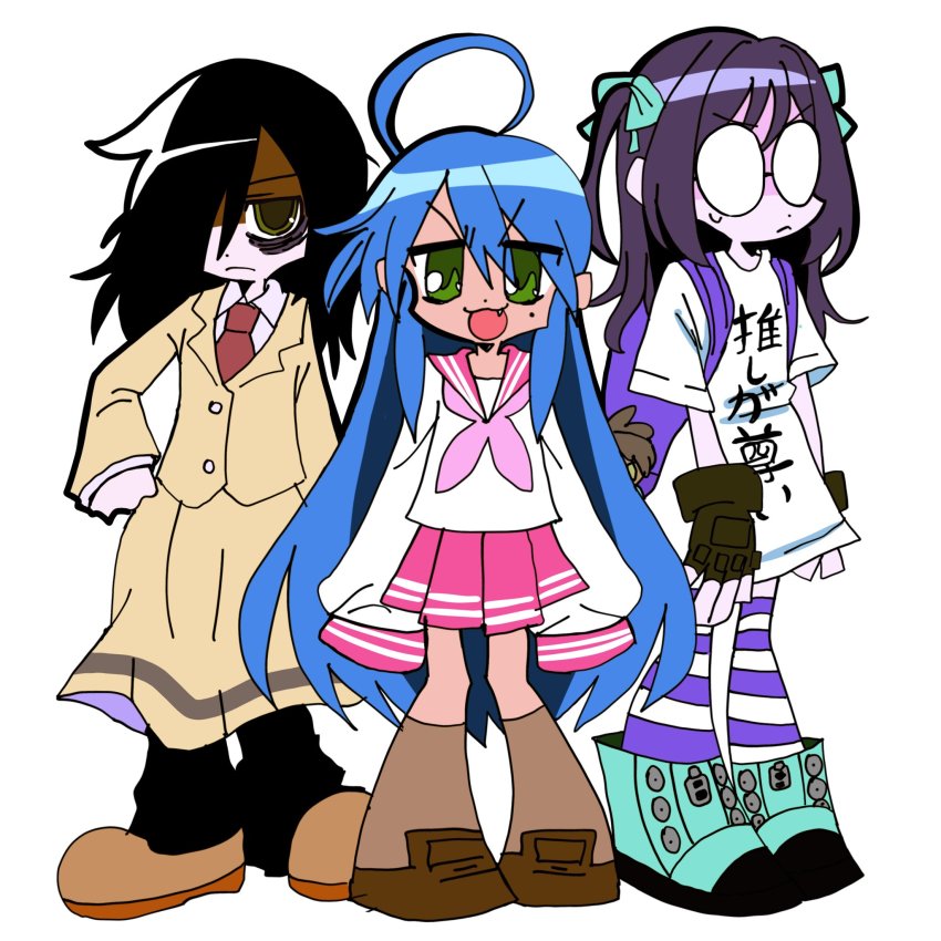 3girls, black_hair, blue_hair, boots, clothes_writing, eyebrows, fang, female_focus, fingerless_gloves, glasses, gloves, green_eyes, green_ribbon, hair_over_one_eye, hair_ribbon, highres, izumi_konata, kuroki_tomoko, long_hair, lucky_star, mole, multiple_girls, necktie, open_mouth, ribbon, round_eyewear, school_uniform, shin_subarashiki_kono_sekai, shirt, smile, striped_legwear, subarashiki_kono_sekai, sweatdrop, tie_clip, tired, usui_nagi, watashi_ga_motenai_no_wa_dou_kangaetemo_omaera_ga_warui!, white_shirt