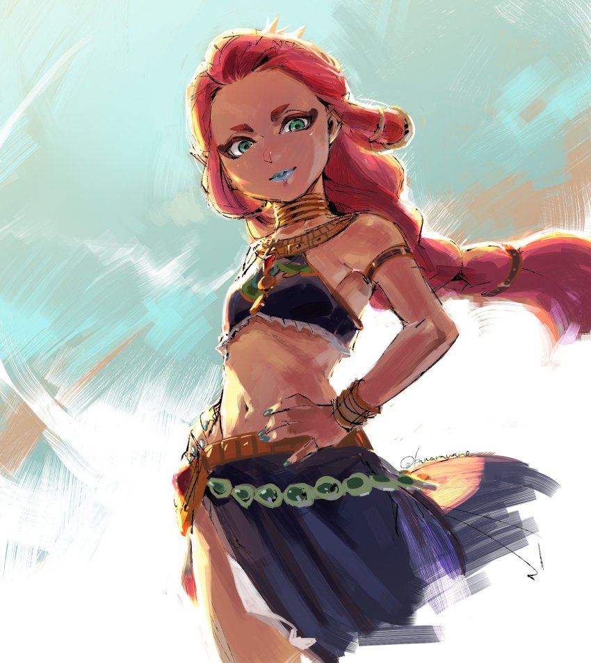 1girl, aqua_nails, armlet, armpits, backlighting, bare_shoulders, blue_lips, braid, braided_ponytail, dark-skinned_female, dark_skin, faux_traditional_media, flat_chest, gerudo, green_eyes, hand_on_own_hip, highres, jewelry, kawarayane, lipstick, long_hair, looking_at_viewer, looking_down, makeup, midriff, nail_polish, navel, neck_ring, nintendo, peacock_feathers, red_hair, riju, ringlets, sketch, sleeveless, the_legend_of_zelda, the_legend_of_zelda:_breath_of_the_wild, very_long_hair