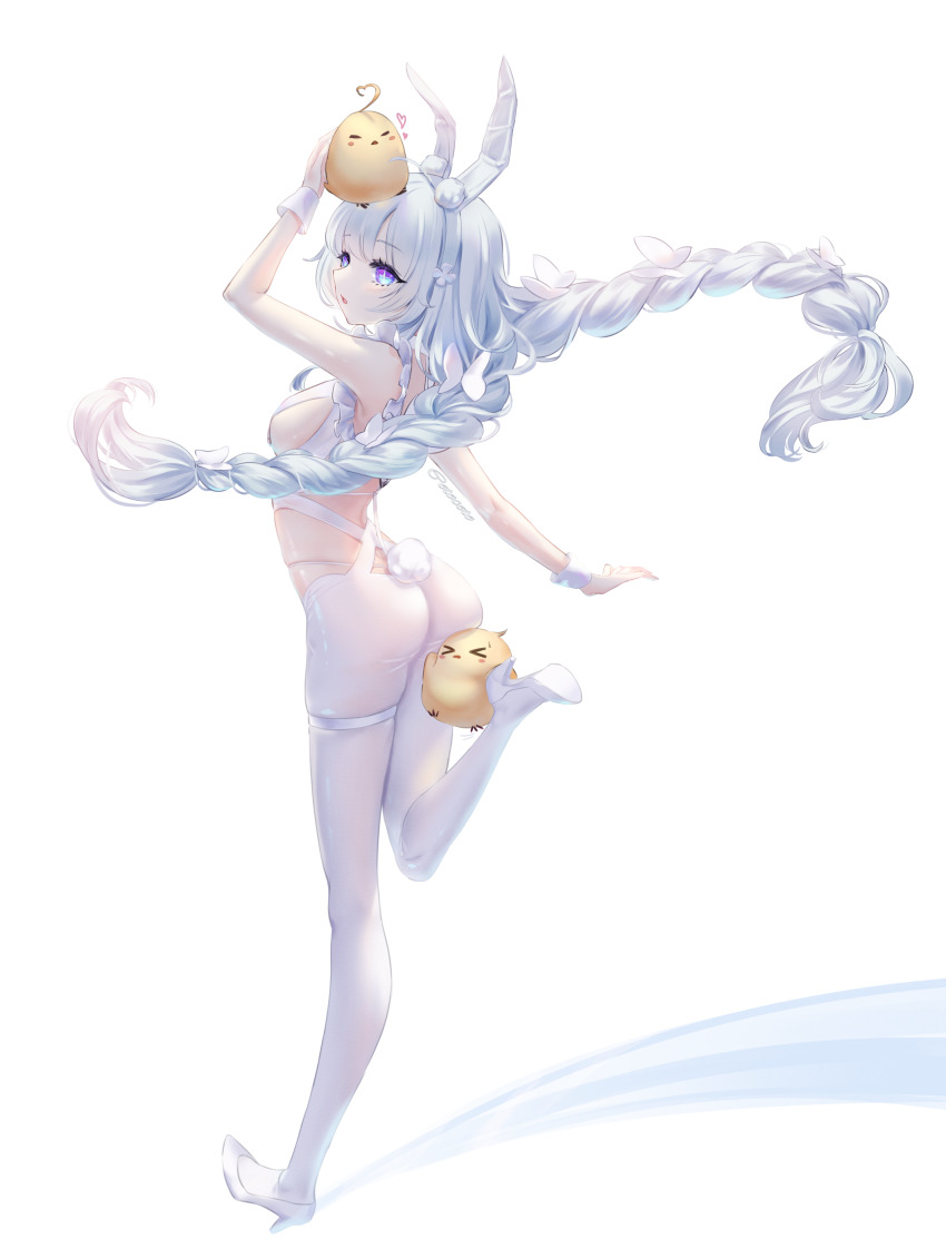 1girl, absurdres, animal_ear_fluff, animal_ears, arm_up, ass, azur_lane, braid, breasts, cotocoto, fake_animal_ears, from_behind, full_body, high_heels, highres, le_malin_(azur_lane), le_malin_(listless_lapin)_(azur_lane), legs, long_hair, manjuu_(azur_lane), official_alternate_costume, open_mouth, pantyhose, playboy_bunny, rabbit_ears, rabbit_tail, shoes, sideboob, silver_hair, simple_background, small_breasts, tail, thigh_strap, thighs, twin_braids, twintails, very_long_hair, white_background, white_footwear, white_pantyhose, wrist_cuffs