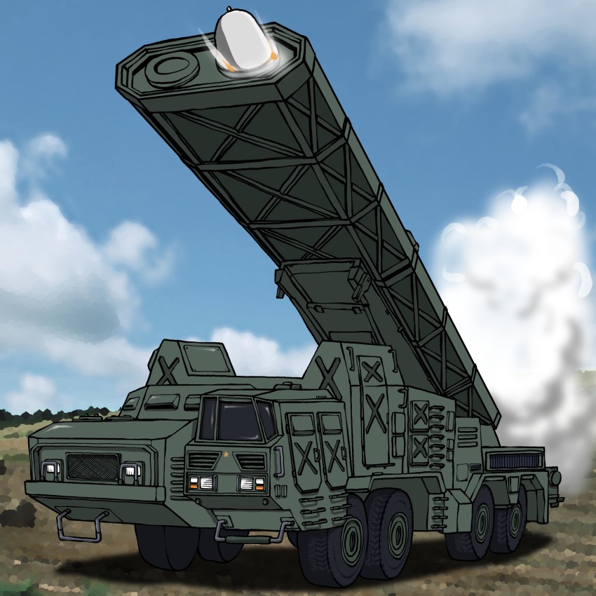 absurdres, armored_vehicle, artillery, d-03_missile, day, firing, godzilla, _mothra_and_king_ghidorah:_giant_monsters_all-out_attack, godzilla_(series), highres, hirodango, japan_ground_self-defense_force, japan_self-defense_force, military, military_vehicle, missile, missile_launcher, missile_pod, missile_vehicle, motor_vehicle, no_humans, rocket_artillery, rocket_drill, self-propelled_artillery, self-propelled_rocket_launcher, smoke, taiho_(godzilla), toho, transporter_erector_launcher, truck, underground_rocket, weapon, weapon_focus