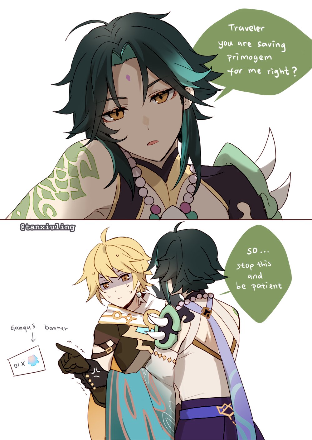 2boys, aether_(genshin_impact), ahoge, arm_tattoo, bead_necklace, beads, black_hair, blonde_hair