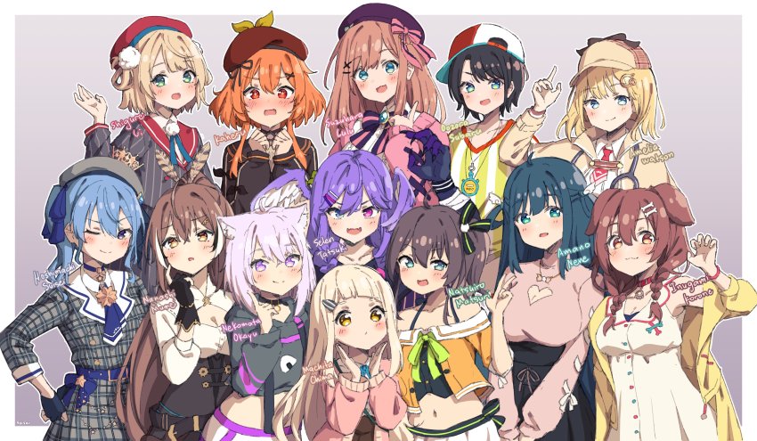+_+, 6+girls, :o, absurdres, amano_nene_(vtuber), animal_ear_fluff, animal_ears, baseball_cap, beret, black_bow, black_gloves, black_hair, black_hoodie, blonde_hair, blue_eyes, blue_hair, blush, bow, braid, breasts, brown_eyes, brown_hair, capelet, cat_ears, cat_girl, character_name, claw_pose, cleavage, clothing_cutout, collarbone, commentary, deerstalker, dog_ears, dog_girl, dress, english_commentary, feather_hair_ornament, feathers, flat_chest, gloves, green_eyes, hair_behind_ear, hair_ornament, hairclip, hat, head_wings, heart_cutout, heterochromia, highres, hololive, hololive_english, hood, hoodie, hoshimachi_suisei, hoshimachi_suisei_(1st_costume), indie_virtual_youtuber, inugami_korone, inugami_korone_(1st_costume), jersey, kaheru_(vtuber), long_hair, looking_at_viewer, machita_chima, machita_chima_(1st_costume), medium_breasts, multiple_girls, nanashi_mumei, nanashi_mumei_(1st_costume), natsuiro_matsuri, natsuiro_matsuri_(1st_costume), necktie, nekomata_okayu, nekomata_okayu_(1st_costume), nijisanji, nijisanji_en, one_eye_closed, oozora_subaru, oozora_subaru_(1st_costume), orange_eyes, orange_hair, partially_fingerless_gloves, pink_bow, pink_sweater, plaid_clothes, plaid_hat, plaid_skirt, pointing, pointing_up, production_kawaii, purple_eyes, purple_hair, red_headwear, red_neckwear, sailor_collar, seion, selen_tatsuki, selen_tatsuki_(1st_costume), shigure_ui_(vtuber), shigure_ui_(1st_costume)_(vtuber), short_hair, short_necktie, side_ponytail, skirt, smile, striped_bow, suspenders, suzuhara_lulu, suzuhara_lulu_(1st_costume), sweater, twin_braids, v-shaped_eyebrows, virtual_youtuber, watson_amelia, watson_amelia_(1st_costume), white_dress, wings, yellow_sweater