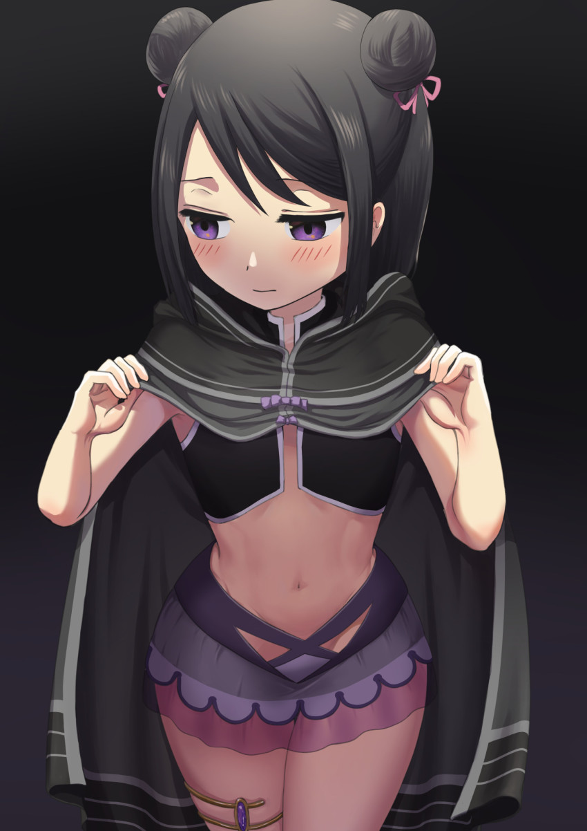 1girl, black_background, black_coat, blush, breasts, coat, hair_bun, highres