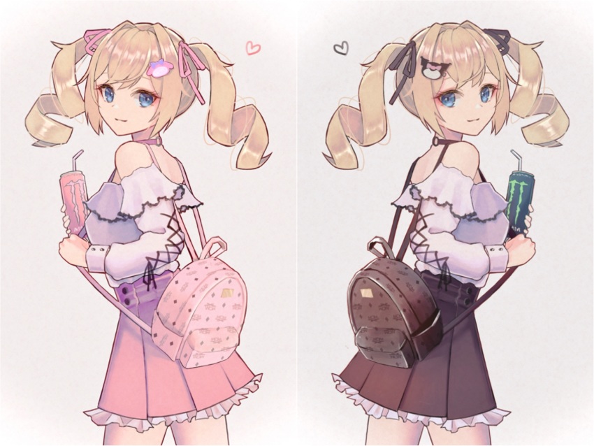 1girl, alternate_costume, bag, barbara_(genshin_impact), bare_shoulders, blonde_hair, blouse, blue_eyes