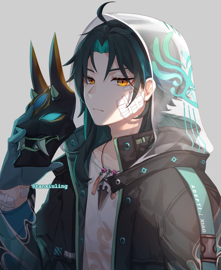 ahoge, black_hair, diamond-shaped_pupils, diamond_(shape), genshin_impact, green_hair, highres, kumashige