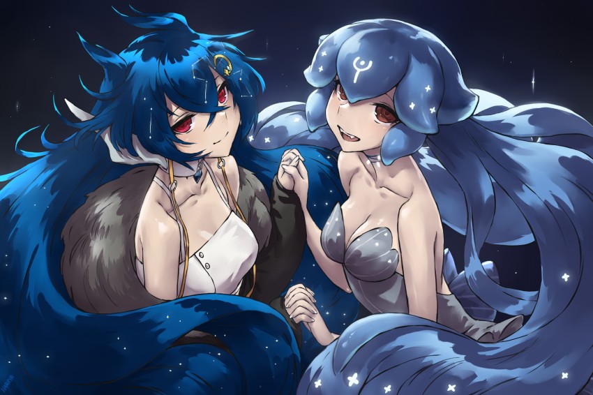 2girls, bao_the_whale, bao_the_whale_(1st_costume), bare_shoulders, black_jacket, breasts, cleavage, cloud9