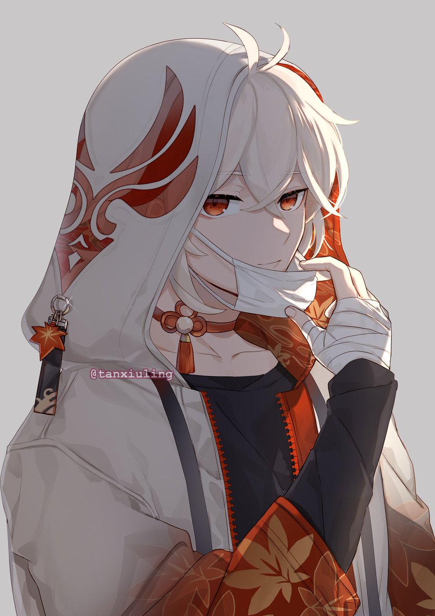 1boy, antenna_hair, bandaged_hand, bandages, choker, crossed_bangs, genshin_impact, grey_background