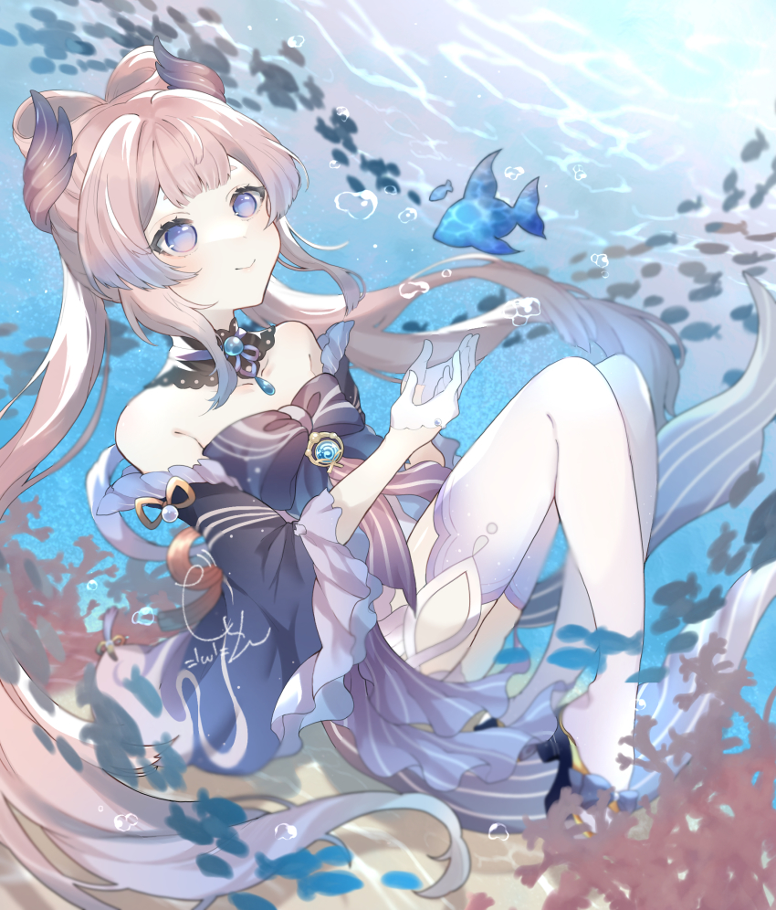 1girl, bare_shoulders, blunt_bangs, blurry, bubble, collarbone, commentary_request, depth_of_field, detached_sleeves, genshin_impact, gloves, gradient_hair, guu-chan_(mina_211), hair_ornament, half_gloves, highres, japanese_clothes, long_hair, long_sleeves, looking_up, low_twintails, miko, multicolored_hair, ocean, pink_hair, purple_eyes, sangonomiya_kokomi, sidelocks, smile, thick_eyebrows, twintails, underwater, vision_(genshin_impact), white_gloves, wide_sleeves