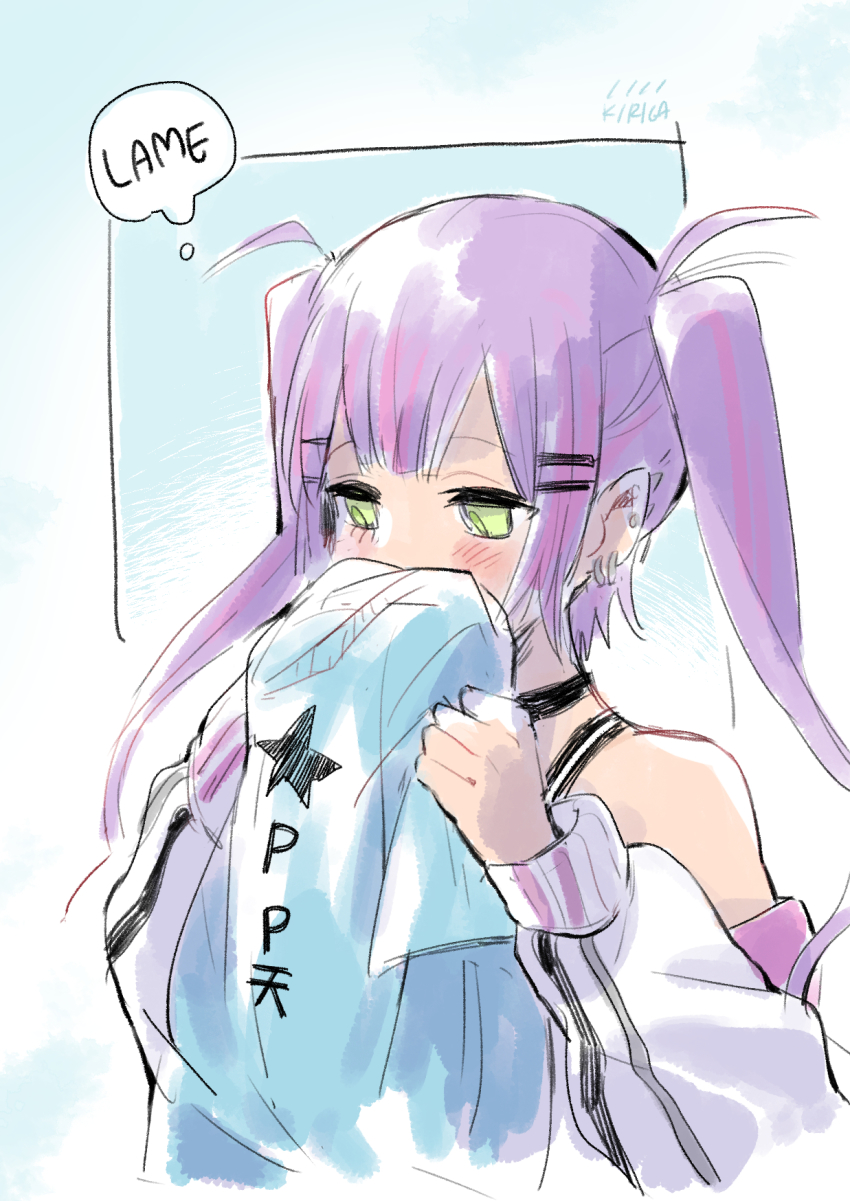 1girl, artist_name, choker, ear_piercing, earrings, english_text, green_eyes, hair_ornament