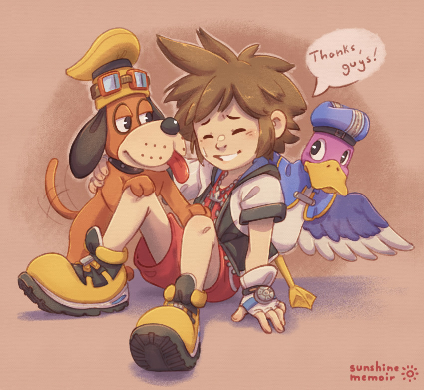 1boy, bird, blue_headwear, brown_hair, cosplay, disney, dog, dog_(duck_hunt)