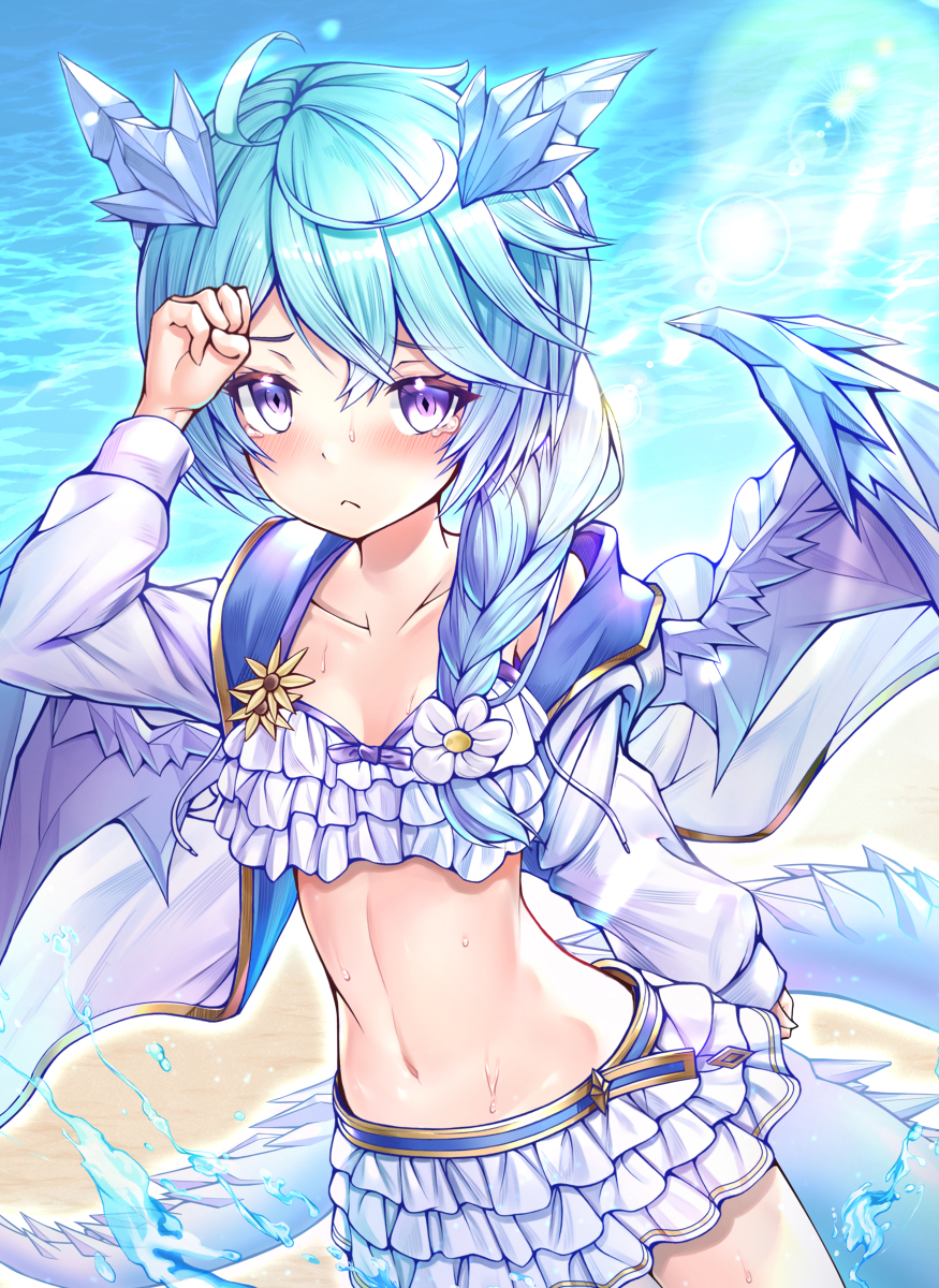 1girl, blue_hair, blush, breasts, dragon_girl, dragon_horns, dragon_wings, hazakura_shoha