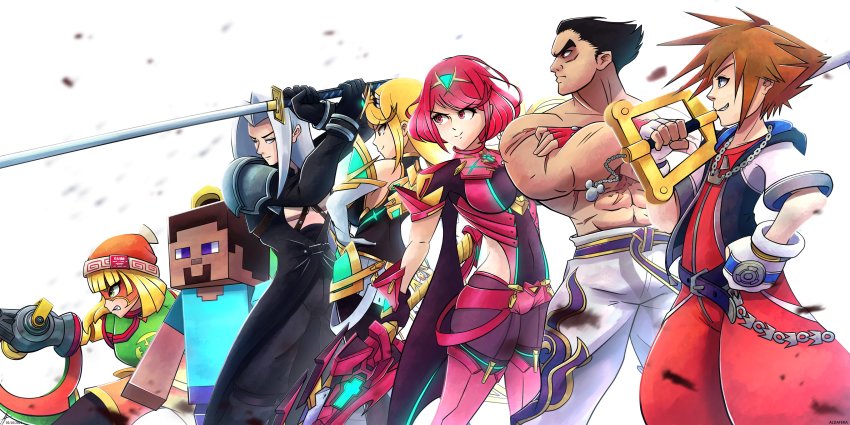 3girls, 4boys, absurdres, aegis_sword_(xenoblade), aldafera_art, armor, arms_(game), beanie