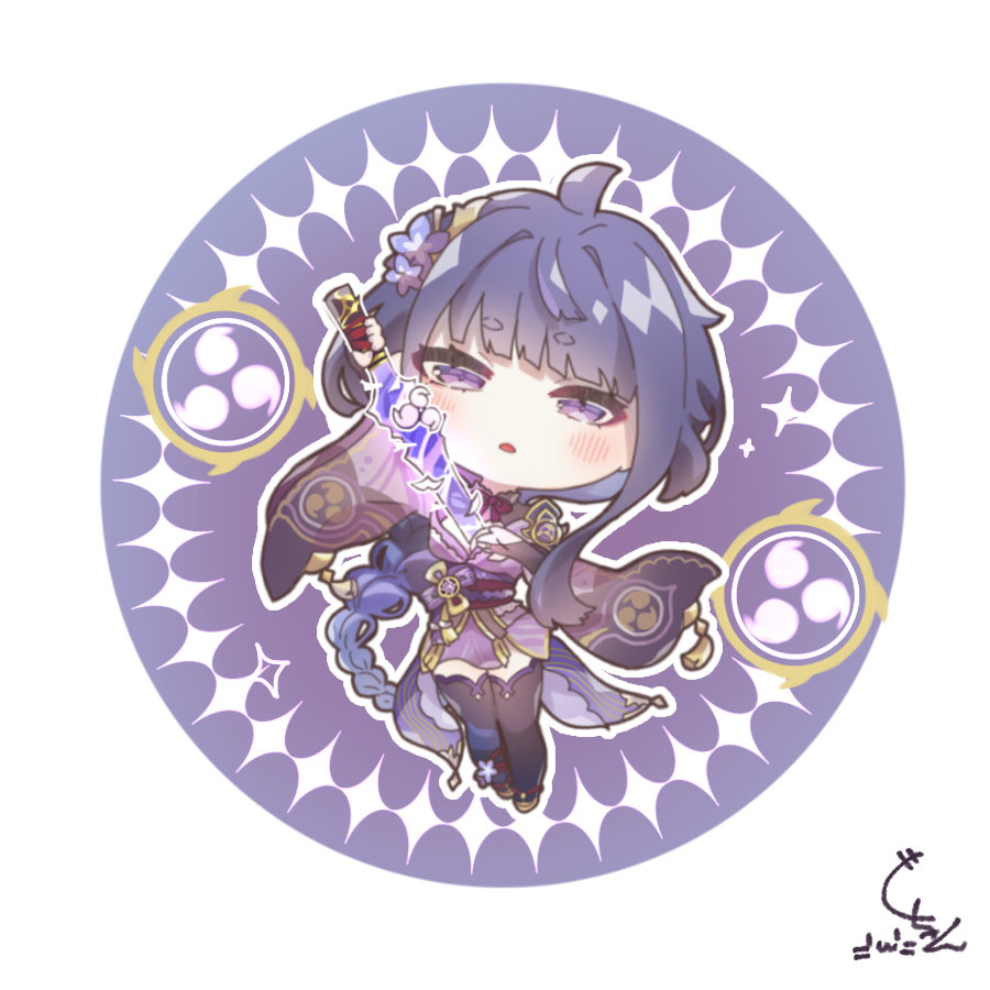 1girl, ahoge, armor, black_thighhighs, blunt_bangs, bow, bowtie, braid, breasts, chibi, cleavage, commentary_request, full_body, genshin_impact, guu-chan_(mina_211), hair_ornament, holding, holding_sword, holding_weapon, japanese_clothes, long_hair, long_sleeves, looking_at_viewer, low-braided_long_hair, low-tied_long_hair, low_ponytail, obi, parted_lips, ponytail, purple_eyes, purple_hair, raiden_shogun, round_border, sash, shoulder_armor, sidelocks, simple_background, single_braid, solo, standing, sword, thick_eyebrows, thighhighs, vision_(genshin_impact), weapon, wide_sleeves, zettai_ryouiki