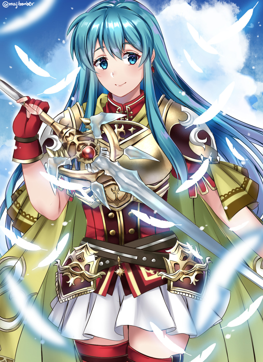 1girl, aqua_eyes, aqua_hair, armor, belt, blue_sky, boots, breastplate