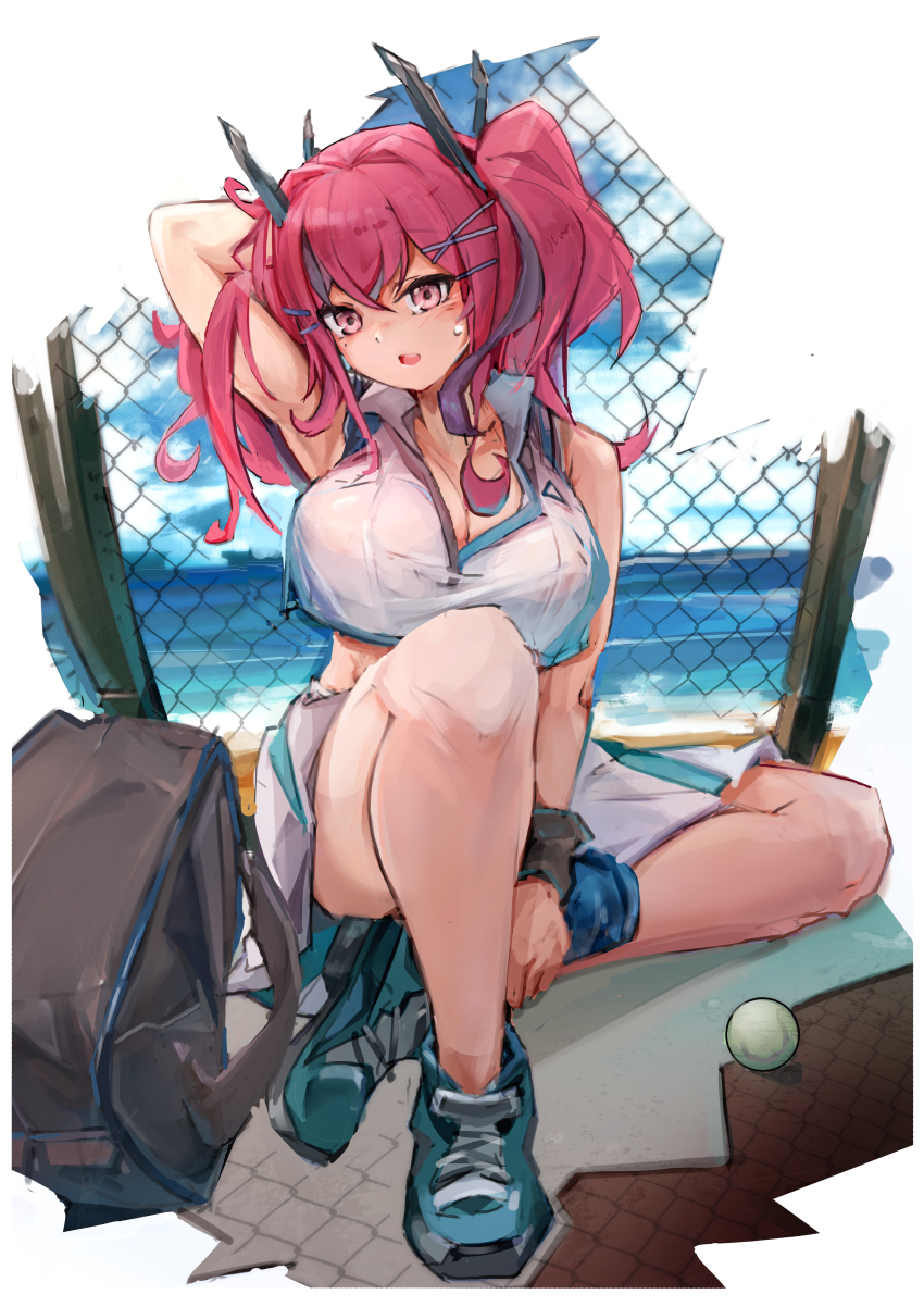 1girl, absurdres, arm_behind_head, armpit_peek, azur_lane, bag, ball, bare_shoulders