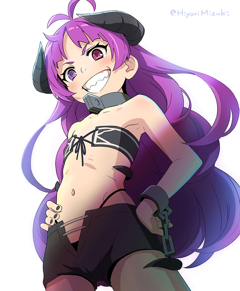 1girl, :d, artist_name, bikini, black_nails, black_shorts, chain, collar, cuffs, female_focus, flat_chest, from_below, grin, heterochromia, highleg, highleg_bikini, hiyori_mizuki, horns, kishirika_kishirisu, long_hair, looking_at_viewer, metal_collar, mushoku_tensei, nail_polish, navel, open_mouth, purple_hair, sharp_teeth, shorts, simple_background, smile, solo, standing, stomach, strapless, swimsuit, teeth, tube_top, white_background