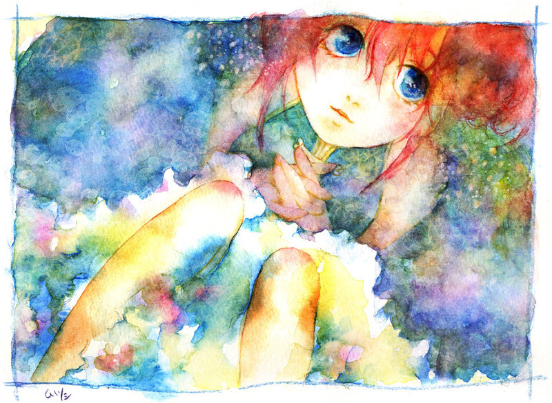 00s, blue_eyes, gintama, kagura_(gintama), muttiy, painting_(medium), red_hair, solo