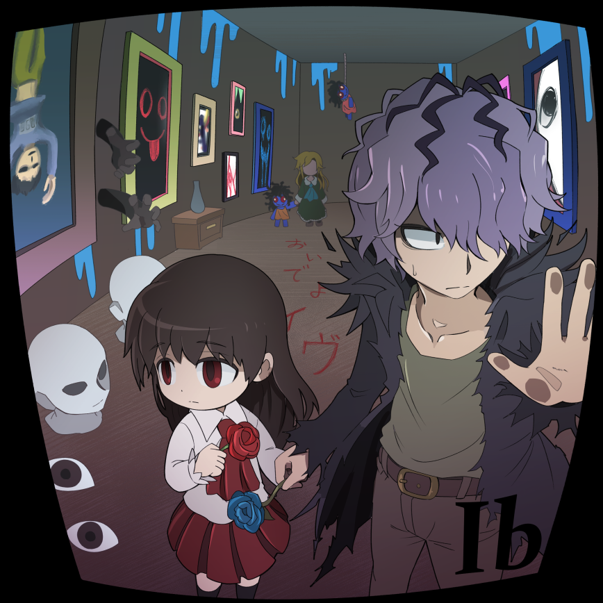 1boy, 2girls, black_border, black_coat, black_hair, blonde_hair, blue_flower, blue_rose