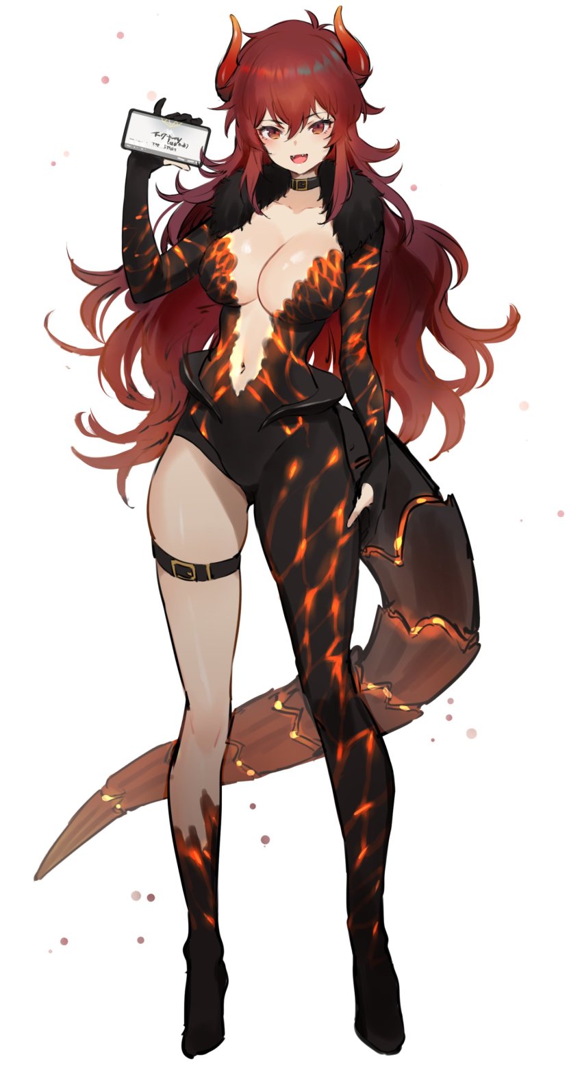 1girl, absurdres, breasts, cellphone, choker, cleavage, dola_(nijisanji), dragon_girl