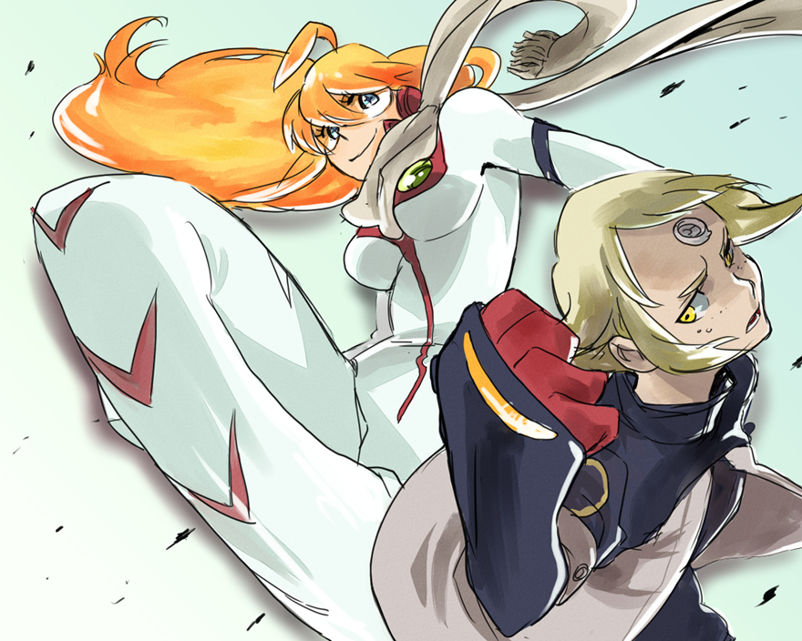 +_+, 00s, 2girls, bad_id, bad_pixiv_id, blonde_hair, bodysuit, buster_machine_7