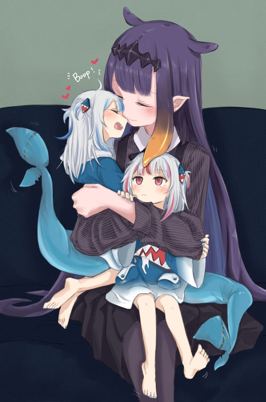 aged_down, aoi_(aoisaka), barefoot, blue_hair, blunt_bangs, couch, diamond_hairband, dress