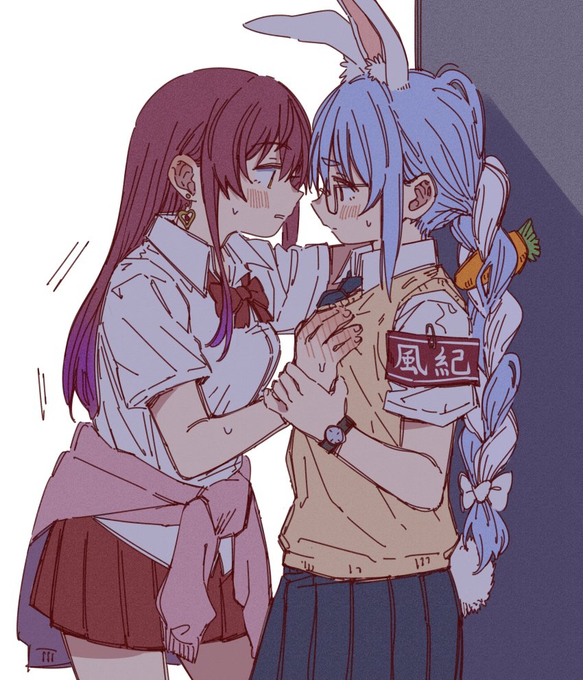 absurdres, against_wall, alternate_costume, animal_ears, armband, blue_hair, blue_skirt, blush, bow, bowtie, braid, cardigan, cardigan_around_waist, carrot_hair_ornament, clothes_around_waist, collared_shirt, eye_contact, face-to-face, food-themed_hair_ornament, grabbing_another's_breast, groping, guided_breast_grab, guiding_hand, hair_ornament, hand_on_wall, highres, holding_another's_wrist, hololive, homura_(hmr0222), houshou_marine, kabedon, long_hair, looking_at_another, multicolored_hair, orange_eyes, pleated_skirt, rabbit_ears, rabbit_girl, red_eyes, red_hair, red_skirt, school_uniform, shirt, short_sleeves, skirt, sweater_vest, twin_braids, twintails, two-tone_hair, usada_pekora, virtual_youtuber, watch, white_hair, white_shirt, wristwatch, yuri