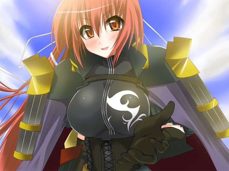 1girl, armor, blush, breasts, cape, corset, day, elbow_gloves, female_focus, game_cg, gloves, huge_breasts, large_breasts, long_hair, noto_kurumi, oda_nobunaga_(sengoku_hime), orange_eyes, outstretched_hand, reaching, red_hair, sengoku_hime, sky, smile, solo, very_long_hair