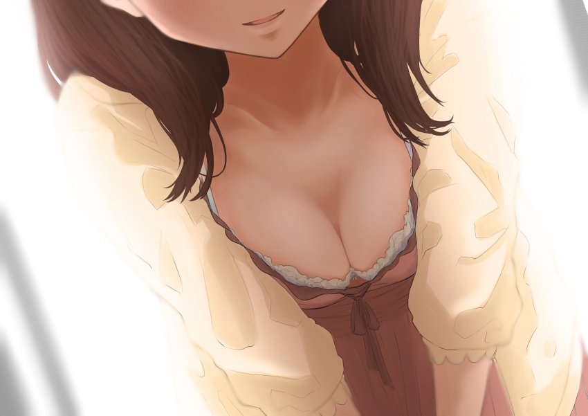 1girl, bra, bra_peek, breast_focus, breasts, brown_hair, cleavage, collarbone