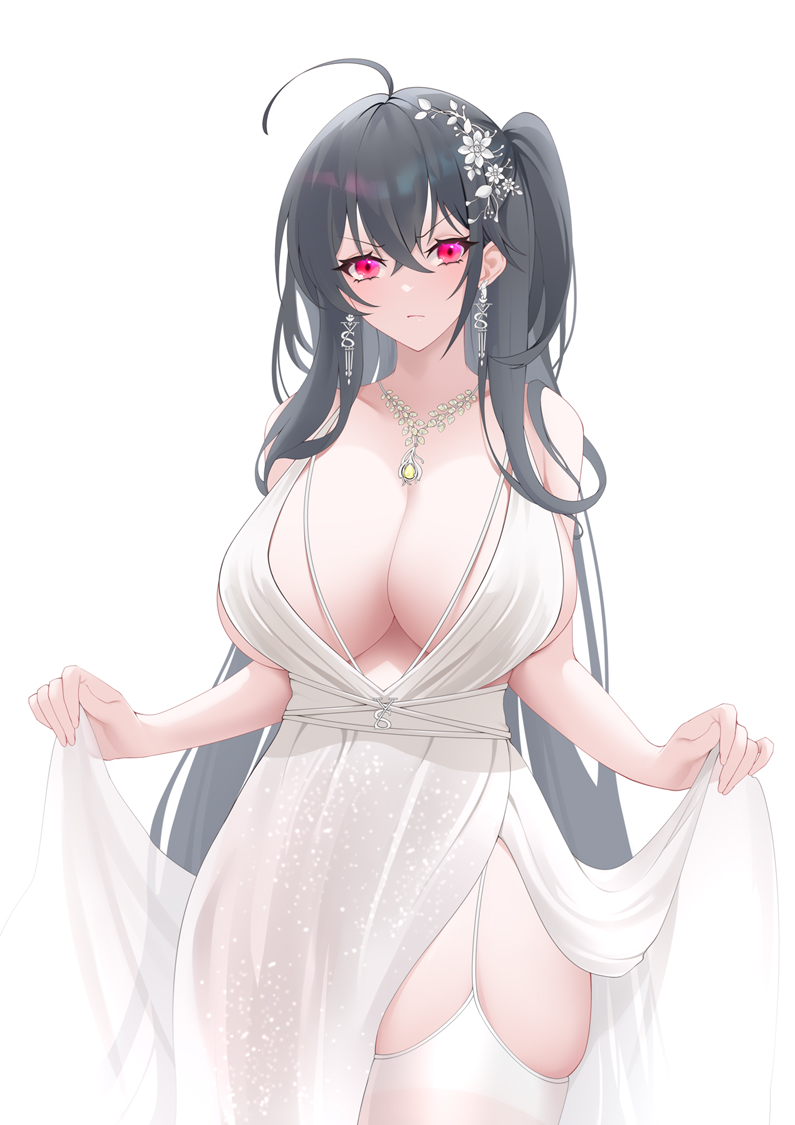1girl, ahoge, azur_lane, black_hair, breasts, center_opening, cleavage, clothes_lift, cocktail_dress, cowboy_shot, dress, dress_lift, earrings, evening_gown, garter_straps, hair_between_eyes, hair_strand, huge_breasts, jewelry, long_hair, looking_at_viewer, necklace, official_alternate_costume, plunging_neckline, purple_eyes, satin_dress, see-through_clothes, see-through_dress, simple_background, skindentation, sleeveless, sleeveless_dress, solo, taihou_(azur_lane), taihou_(temptation_on_the_sea_breeze)_(azur_lane), thighhighs, thighs, toki_to_shishin, very_long_hair, wedding_dress, white_background, white_dress, white_thighhighs