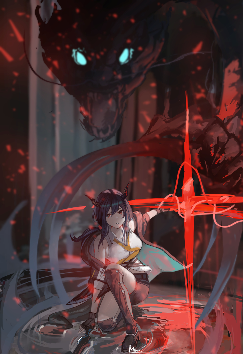 1girl, absurdres, ai-bon, arknights, bare_shoulders, black_jacket, ch'en_(arknights), ch'en_(elite_ii)_(arknights)