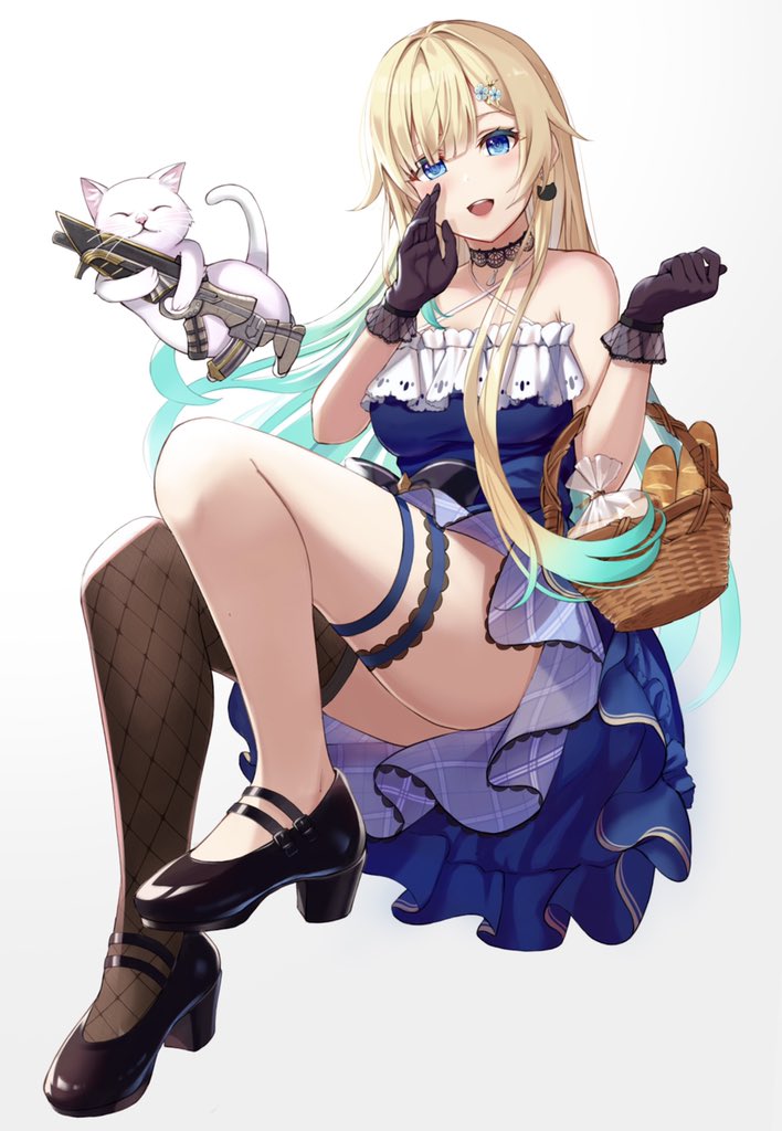 1girl, ^_^, aizawa_ema, aizawa_ema_(1st_costume), apex_legends, assault_rifle, bare_shoulders, basket, black_gloves, black_shoes, black_thighhighs, blonde_hair, blue_dress, blue_eyes, blunt_bangs, blush, bread, breasts, cat, clenched_hand, closed_eyes, criss-cross_halter, dress, eyebrows_hidden_by_hair, fishnet_thighhighs, fishnets, floating, food, gloves, gradient_hair, green_hair, gun, halterneck, head_tilt, high_heels, holding, holding_gun, holding_weapon, large_breasts, long_hair, looking_at_viewer, multicolored_hair, rifle, shakkiyi, shoes, simple_background, single_thighhigh, solo, thigh_strap, thighhighs, very_long_hair, virtual_youtuber, vk-47_flatline, vspo!, weapon, white_background