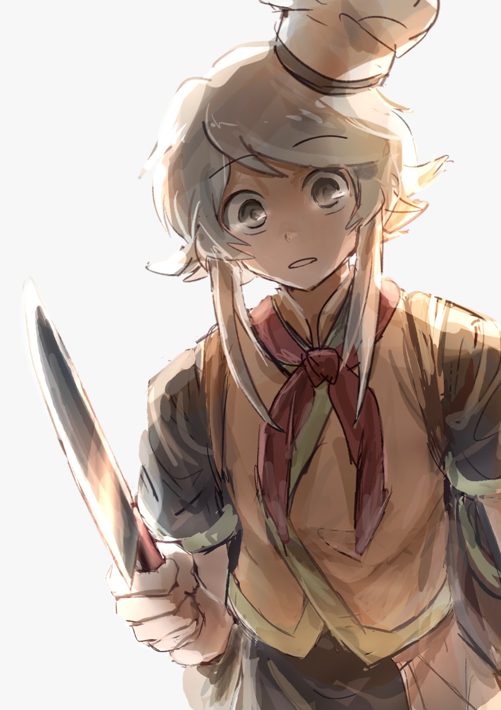 1other, androgynous, book_of_the_cafe, bow, brown_coat, chef_hat, coat, grey_eyes