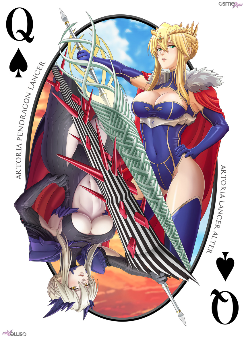 2girls, ahoge, artoria_pendragon_(fate), artoria_pendragon_(lancer)_(fate), artoria_pendragon_(lancer)_(third_ascension)_(fate), artoria_pendragon_(lancer_alter)_(fate), blonde_hair, blue_gloves, blue_legwear, blue_leotard, braid, braided_bun, breasts, cape, cleavage, covered_navel, crown, dual_persona, elbow_gloves, fate/grand_order, fate_(series), female_focus, french_braid, gloves, gluteal_fold, green_eyes, hair_bun, highleg, highres, holding, holding_polearm, holding_spear, holding_weapon, large_breasts, leotard, long_hair, multiple_girls, navel, osmedraw, parted_lips, playing_card, poker, polearm, queen_(playing_card), queen_of_spades_(playing_card), self-upload, spear, thighhighs, underboob, weapon, yellow_eyes