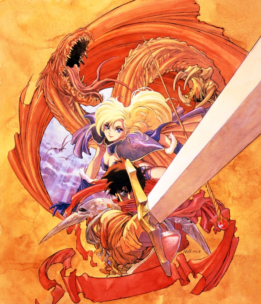 1boy, 1girl, ares_(brandish), armor, blonde_hair, blue_eyes, brandish, brown_hair, cape, dela_delon, dragon, elbow_gloves, fantasy, gloves, highres, holding, holding_staff, holding_sword, holding_weapon, knight, long_hair, monster, orb, pauldrons, pointing_melee_weapon, pointing_sword, purple_cape, purple_gloves, retro_artstyle, sharp_teeth, short_hair, shoulder_armor, staff, sword, teeth, warrior, wavy_hair, weapon, yuuki_nobuteru