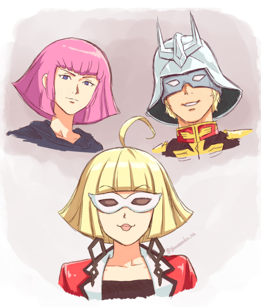 1boy, 2girls, ahoge, artist_name, beauty_anshinzawa, blonde_hair, blue_eyes, blunt_bangs, char_aznable, earrings, glasses, grey_headwear, gundam, haman_karn, helmet, highres, if_they_mated, jewelry, light_smile, lipstick, looking_at_viewer, makeup, mobile_suit_gundam, multiple_girls, pink_hair, short_hair, smile, sunglasses, trait_connection, umamusume, yasuraaka_xx, zeta_gundam