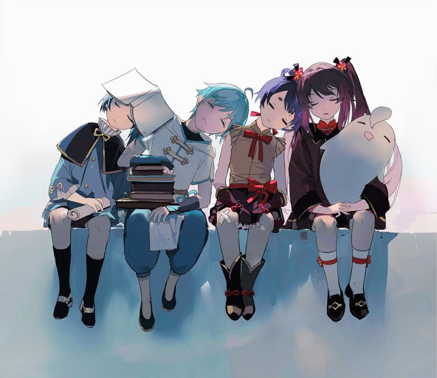 2boys, 2girls, aged_down, black_capelet, black_footwear, blouse, blue_hair, book